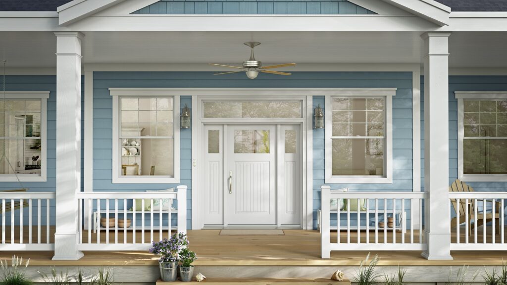 blue home with replacement entry door